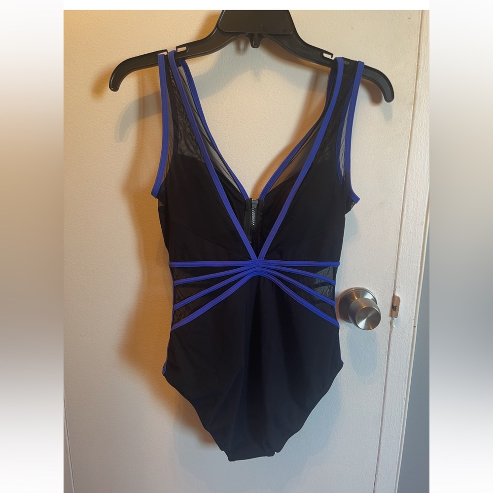 zip up one piece black & blue womens swim suite profile by gottex